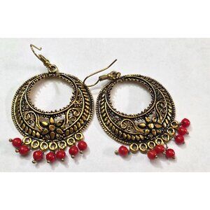 Vintage Filigree‎ Gold-Toned Round Hoop Earrings Red Beads Beaded Floral Boho